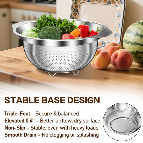 Stockpot colander quick-drain holes speed up washing.