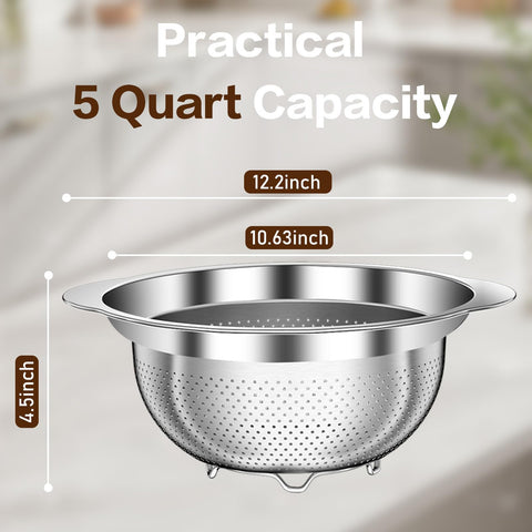 Stockpot colander close-up shows unbreakable one-piece handles.