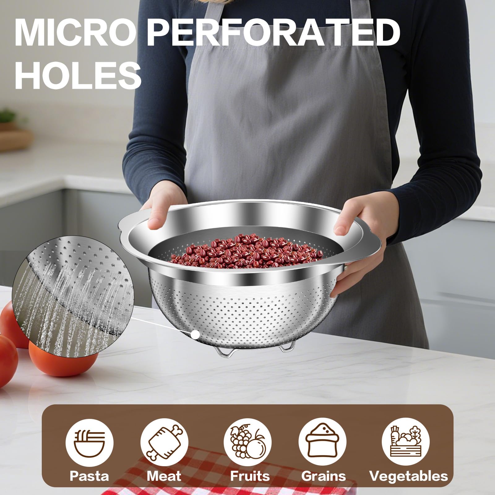 Stockpot colander with non-slip feet for stable draining.