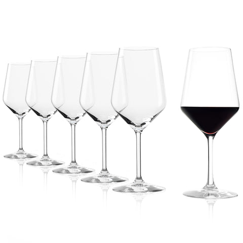 Stölzle Lausitz Revolution red wine glasses front view, six-pack, premium crystal for entertaining guests.