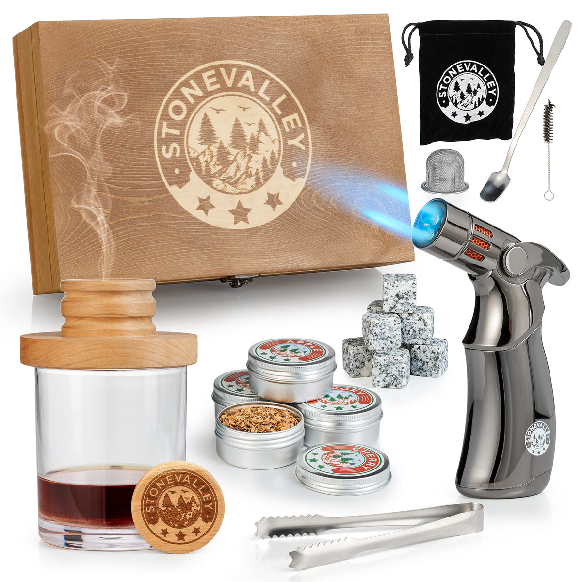 STONEVALLEY cocktail smoker kit with torch shown in a wooden case for smoky cocktails.