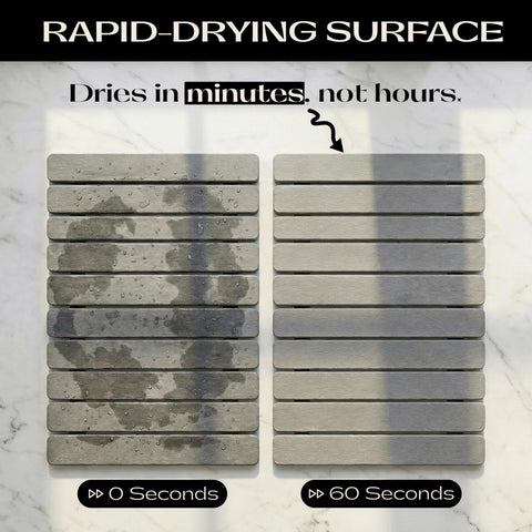 Stonevine dark grey drying mat on counter provides elegant, rapid moisture absorption.