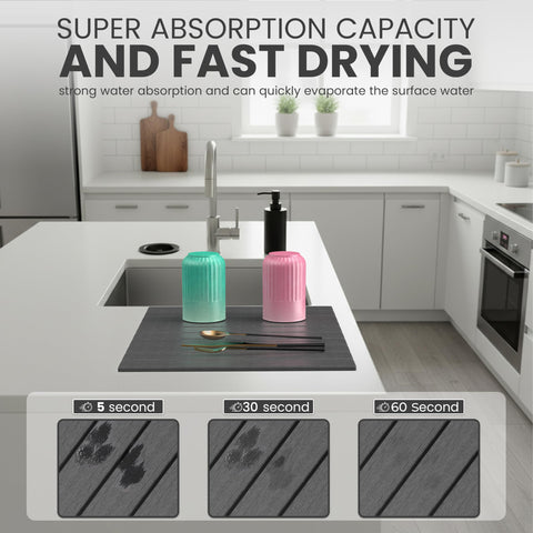 STONITE diatomaceous-earth absorbent mat soaking up water to keep counters dry.