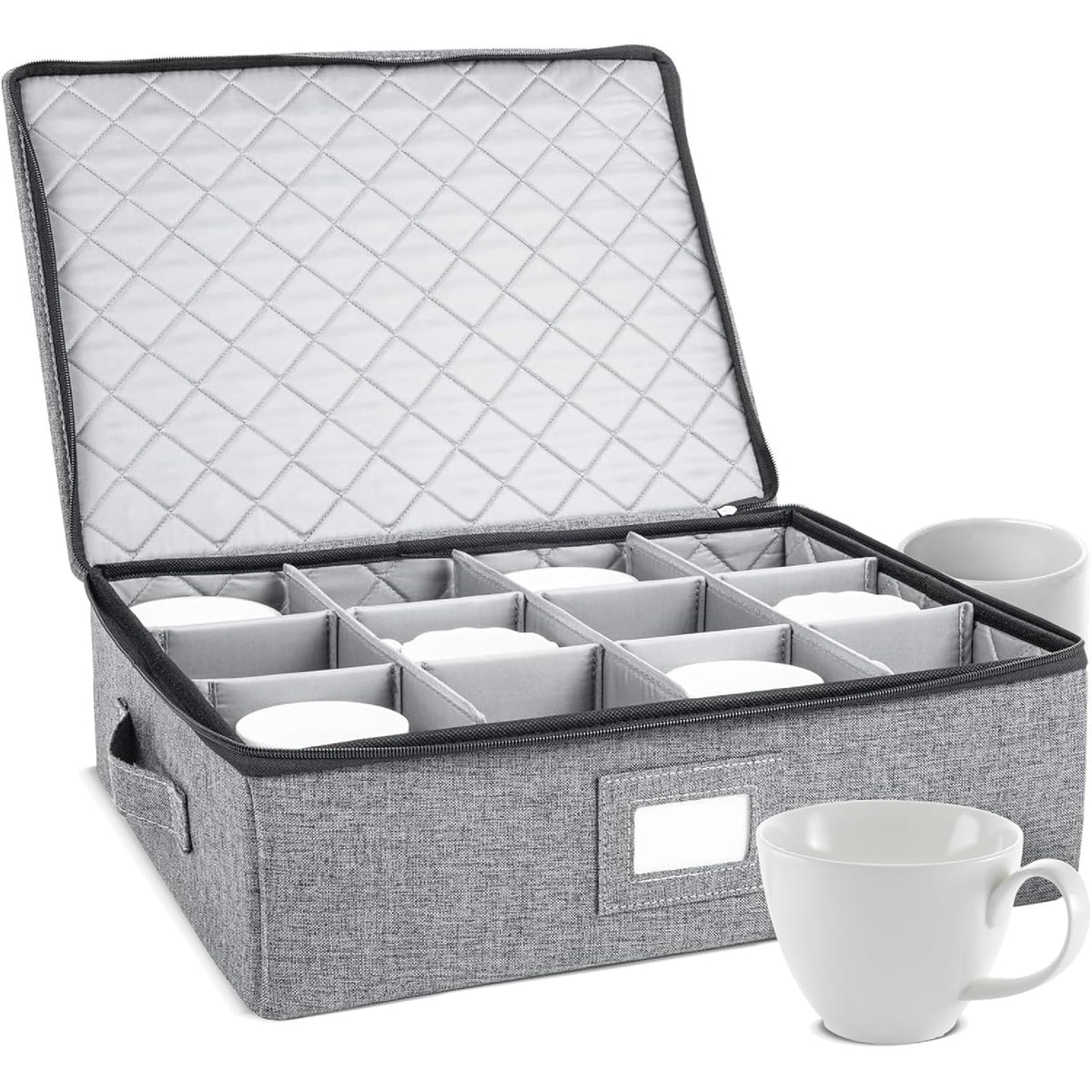 Storagelab cup and mug storage container with hard shell protects delicate drinkware.