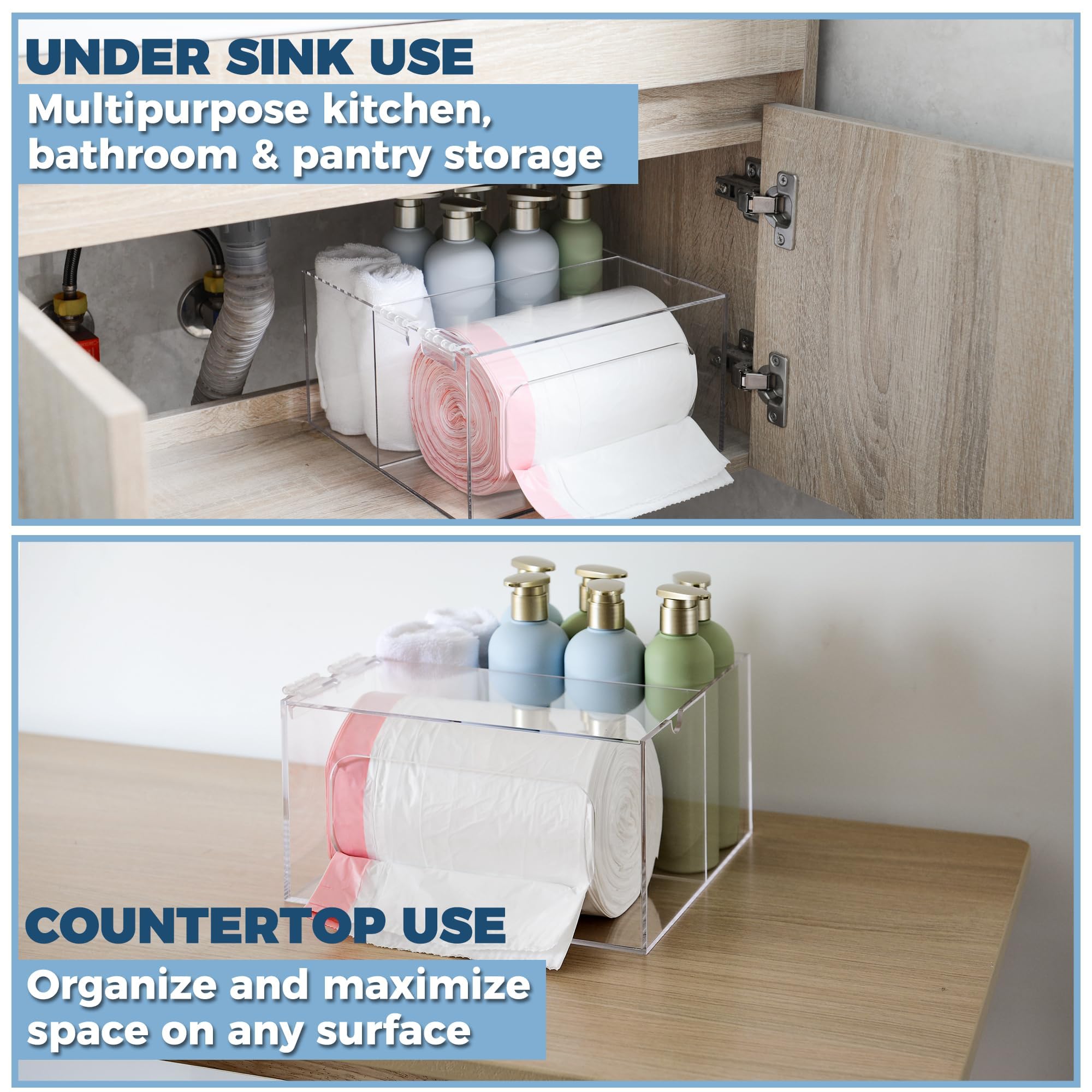 Storage Standard acrylic trash bag dispenser shows contents at a glance for easy refills.