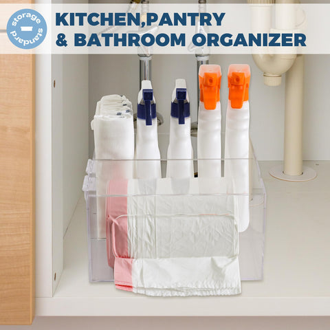 Storage Standard under-sink organizer cabinets streamline clutter reduction in homes and offices.