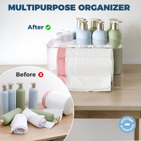 Storage Standard lid-and-compartment design enables easy opening and bag sorting.