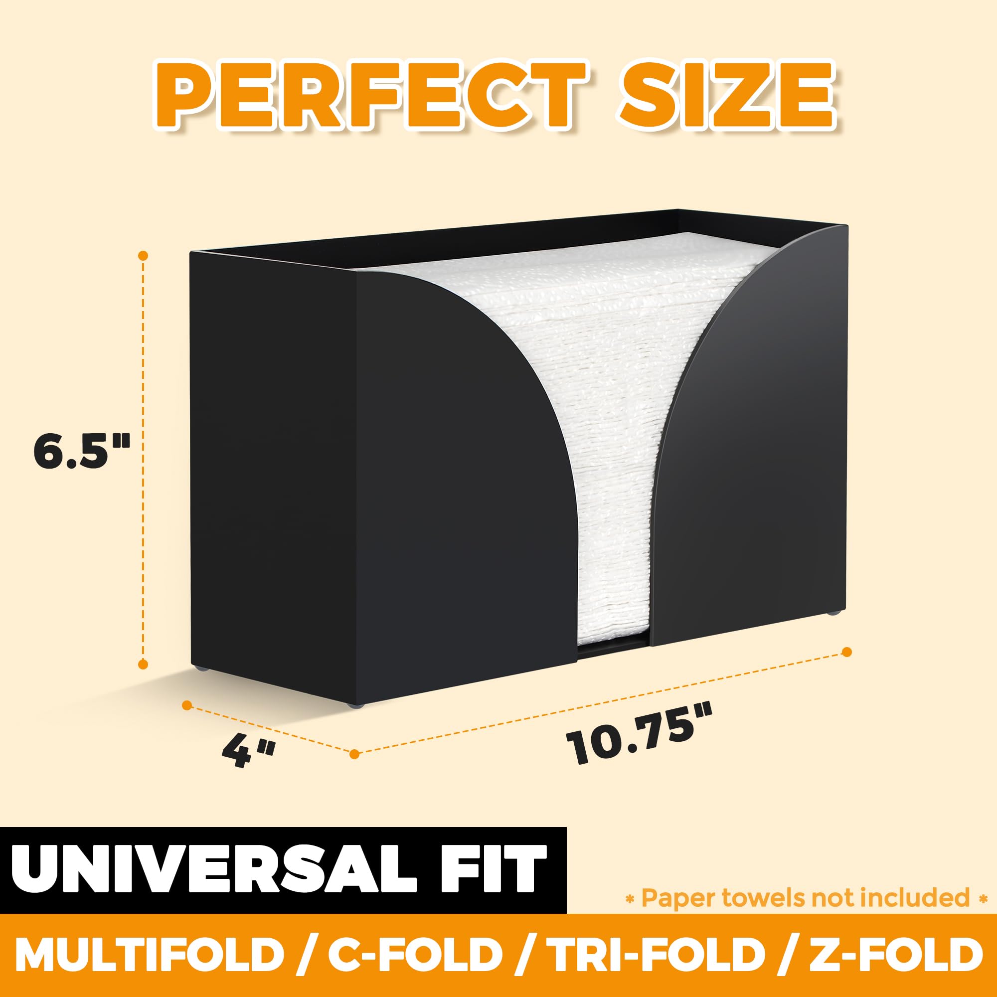 Storagestandard towel-size compatibility with multifold, C-fold, and Z-fold towels.