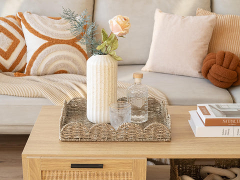 StorageWorks seagrass tray on washstand adds natural elegance