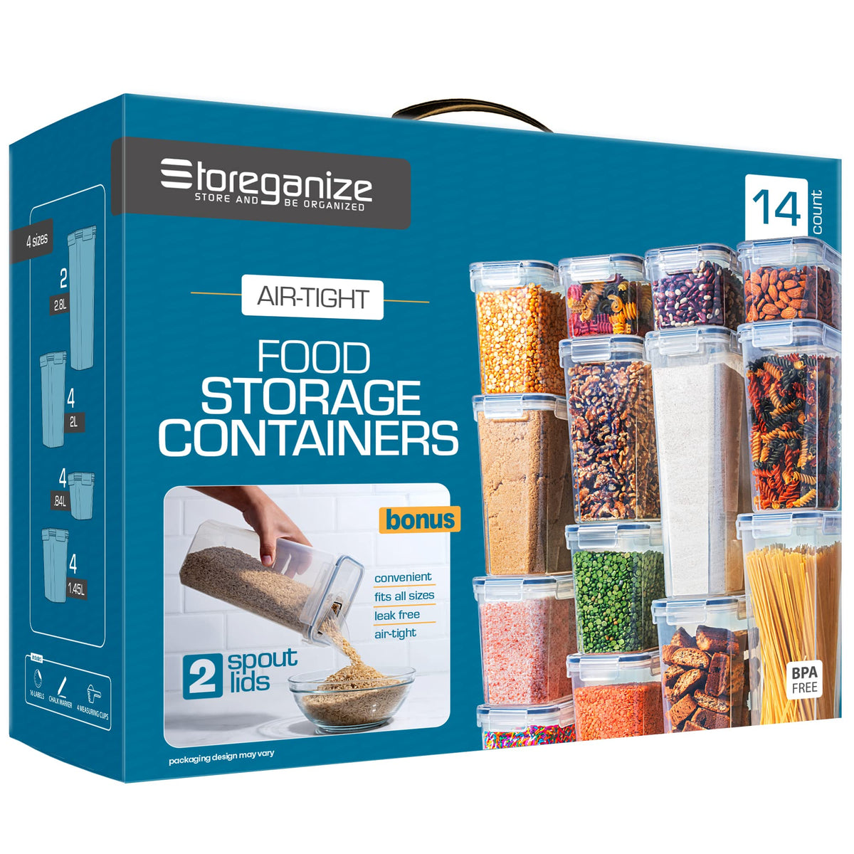 Storeganize 14-piece airtight containers with lids for organized pantry storage.