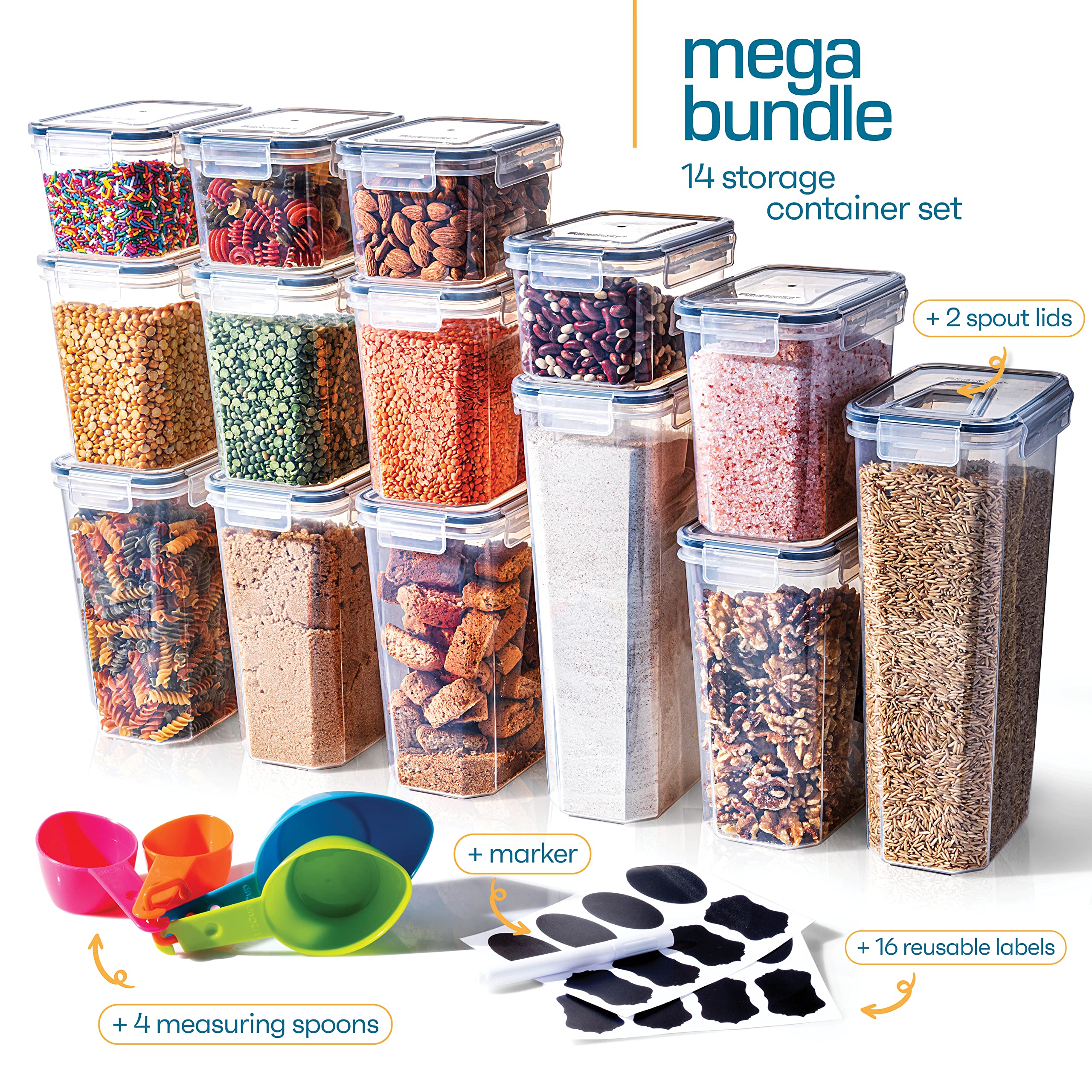 Storeganize spill-free pour lids for precise serving of pasta and cereal.
