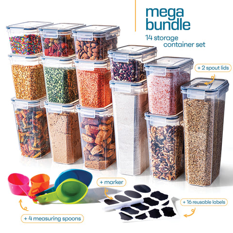 Storeganize spill-free pour lids for precise serving of pasta and cereal.