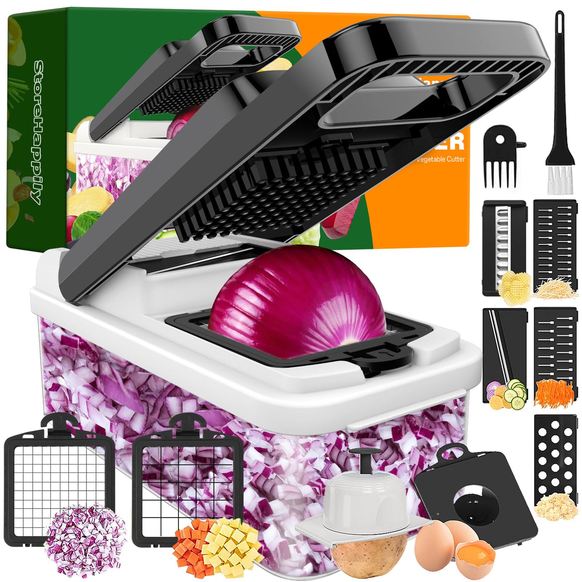 StoreHappily 12-in-1 chopper blades provide varied cuts for salads and meals.