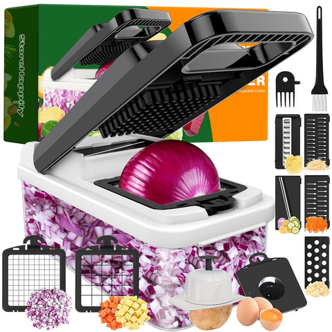 StoreHappily 12-in-1 chopper blades provide varied cuts for salads and meals.