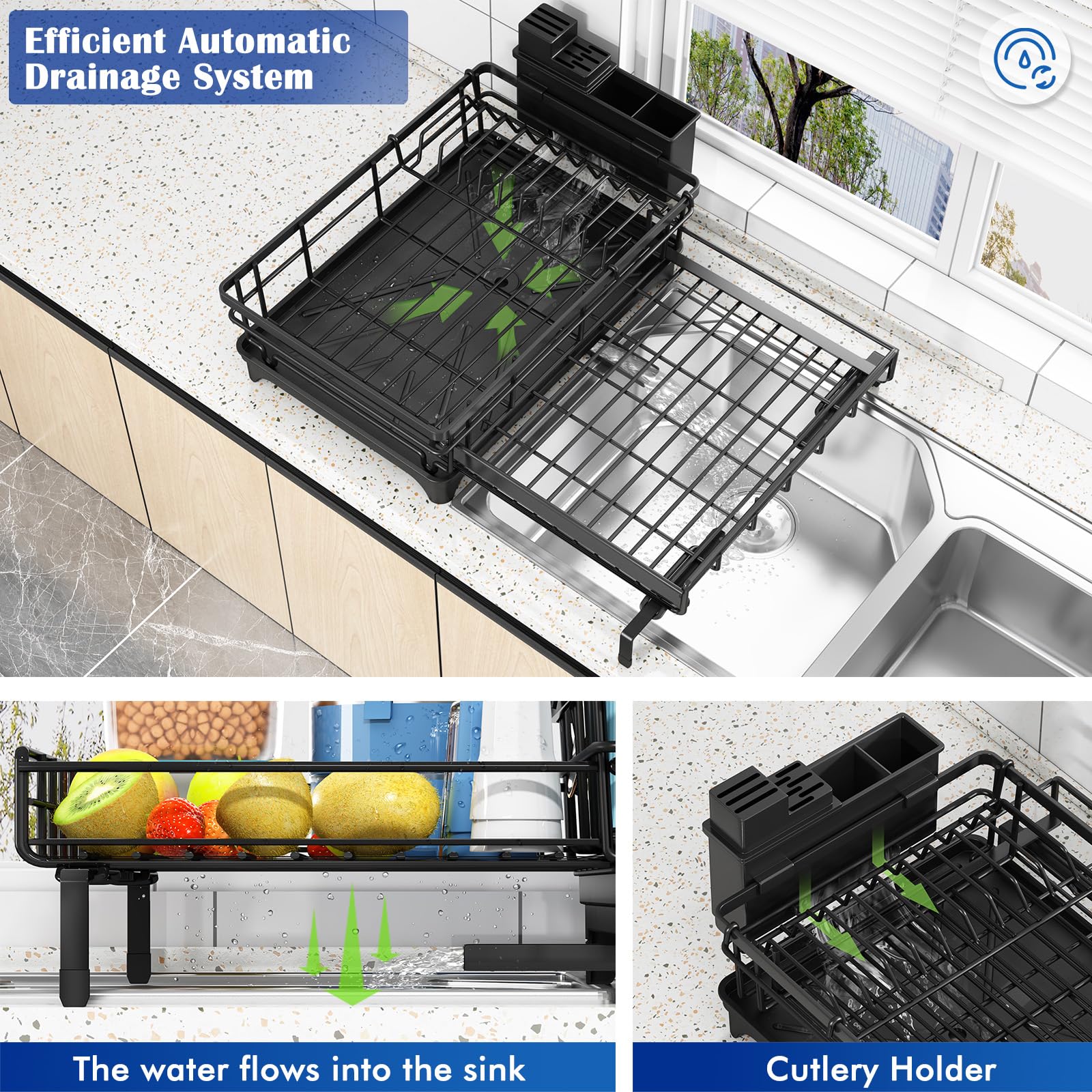 Storico dish rack with plastic drainboard channels moisture away from counters