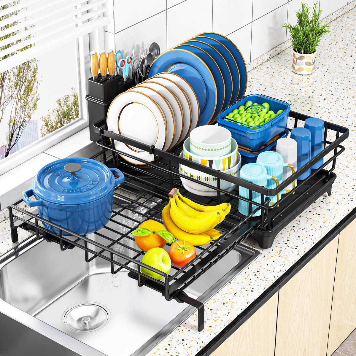 Storico large dish drying rack extendable over sink for clutter-free counters