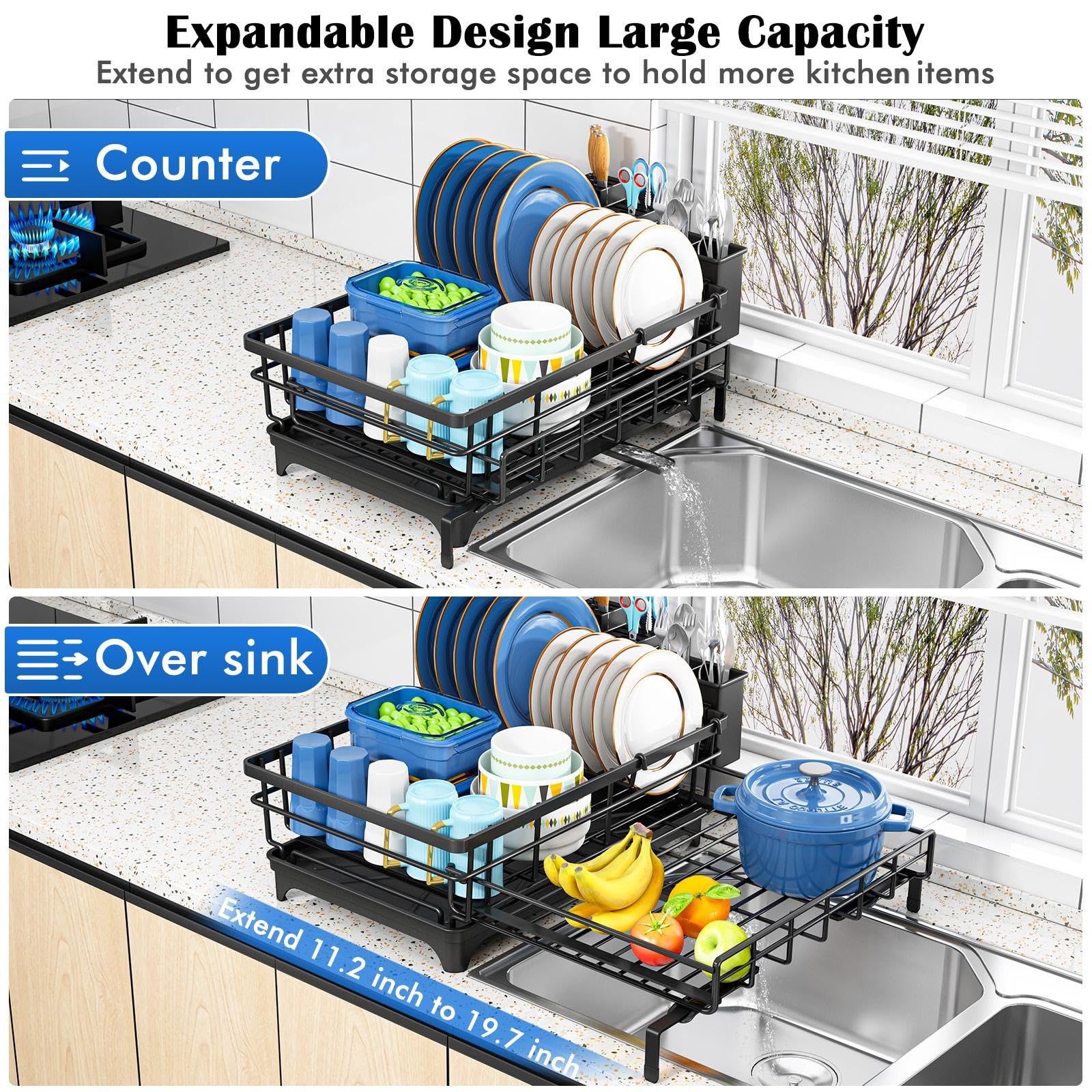 Storico dish rack with adjustable feet fits different sinks securely