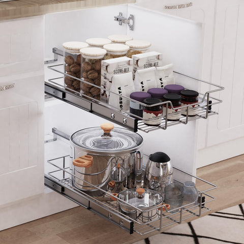 STORKING chrome-plated pull-out shelf resists wear and cleans easily.