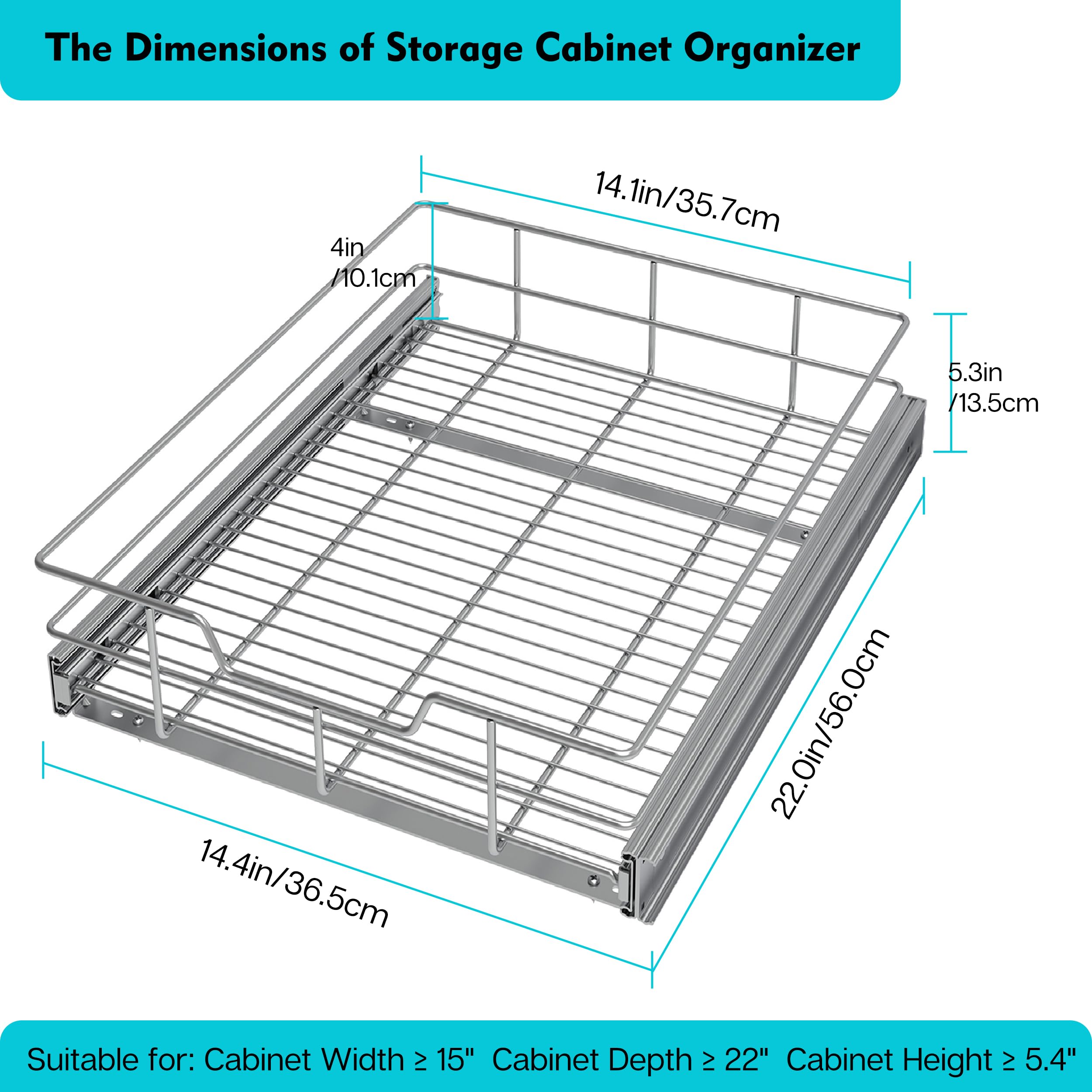 STORKING pull-out cabinet organizer extended drawer demonstrates full-access storage.