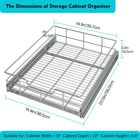 STORKING pull-out cabinet organizer extended drawer demonstrates full-access storage.