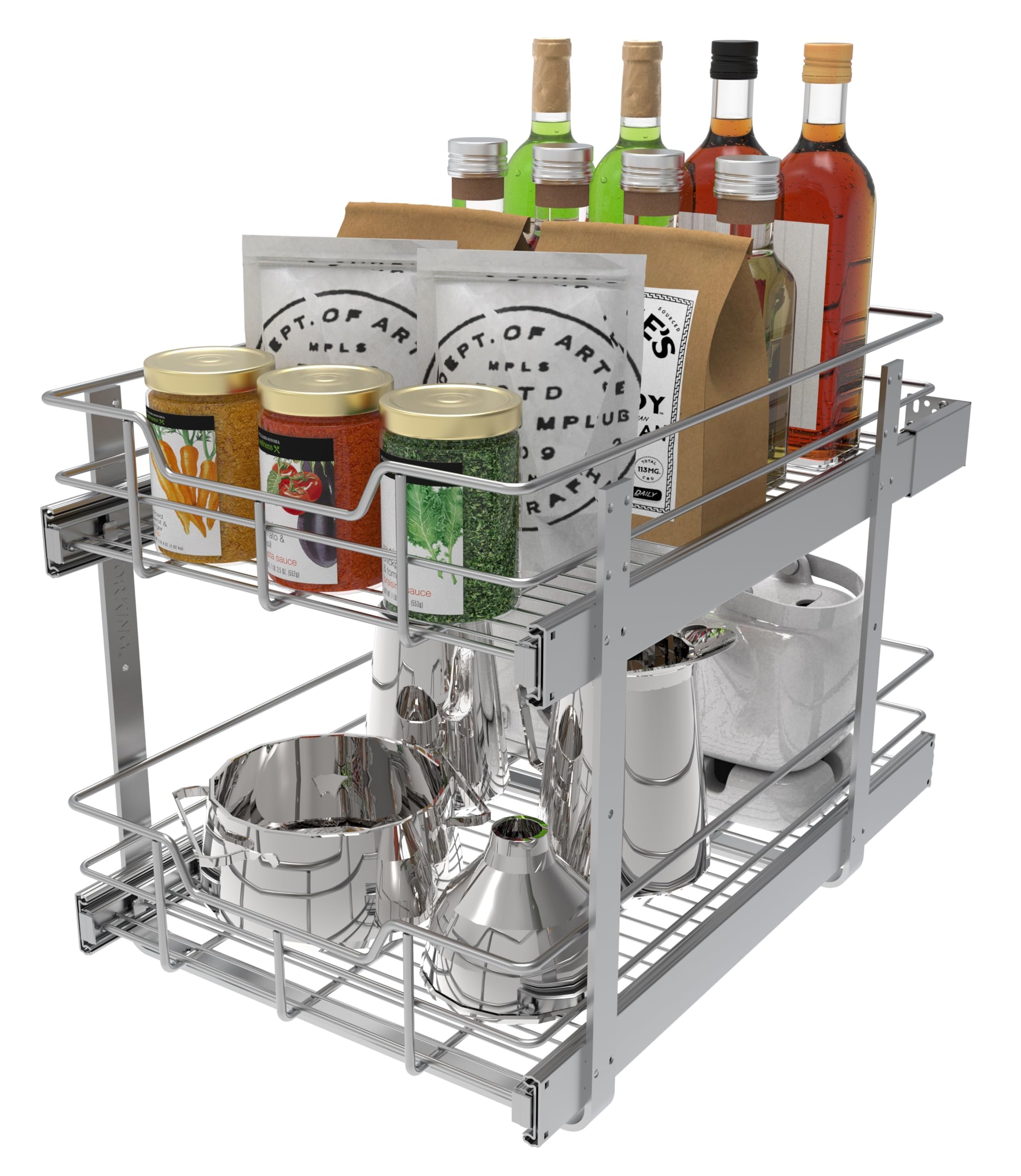 STORKING spice jars and pots neatly stored in pull-out shelves