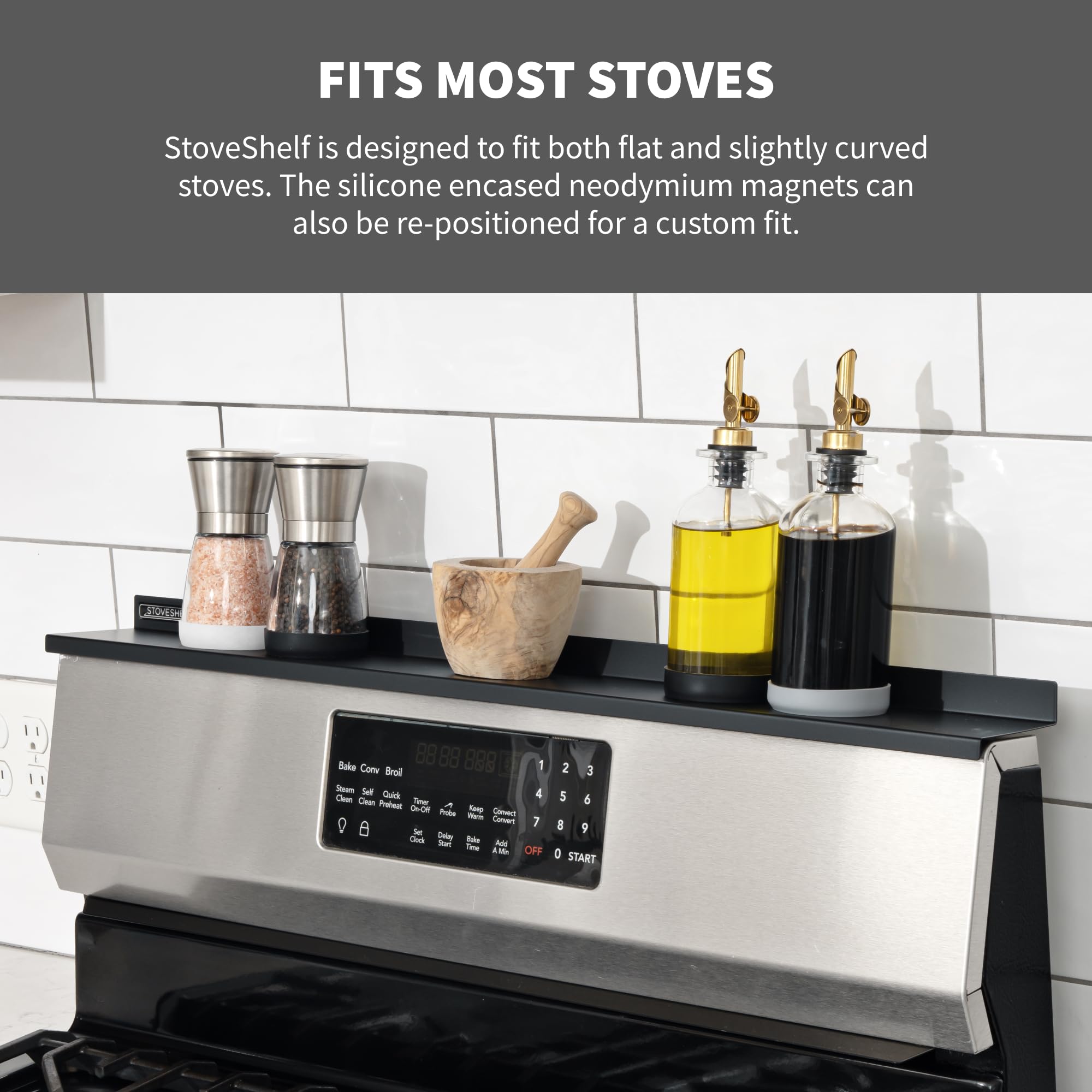 STOVE SHELF fits flat and curved stoves for flexible placement