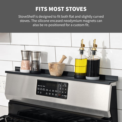 STOVE SHELF fits flat and curved stoves for flexible placement