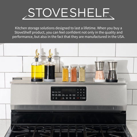 STOVE SHELF keeps spices oils and decor within arm reach