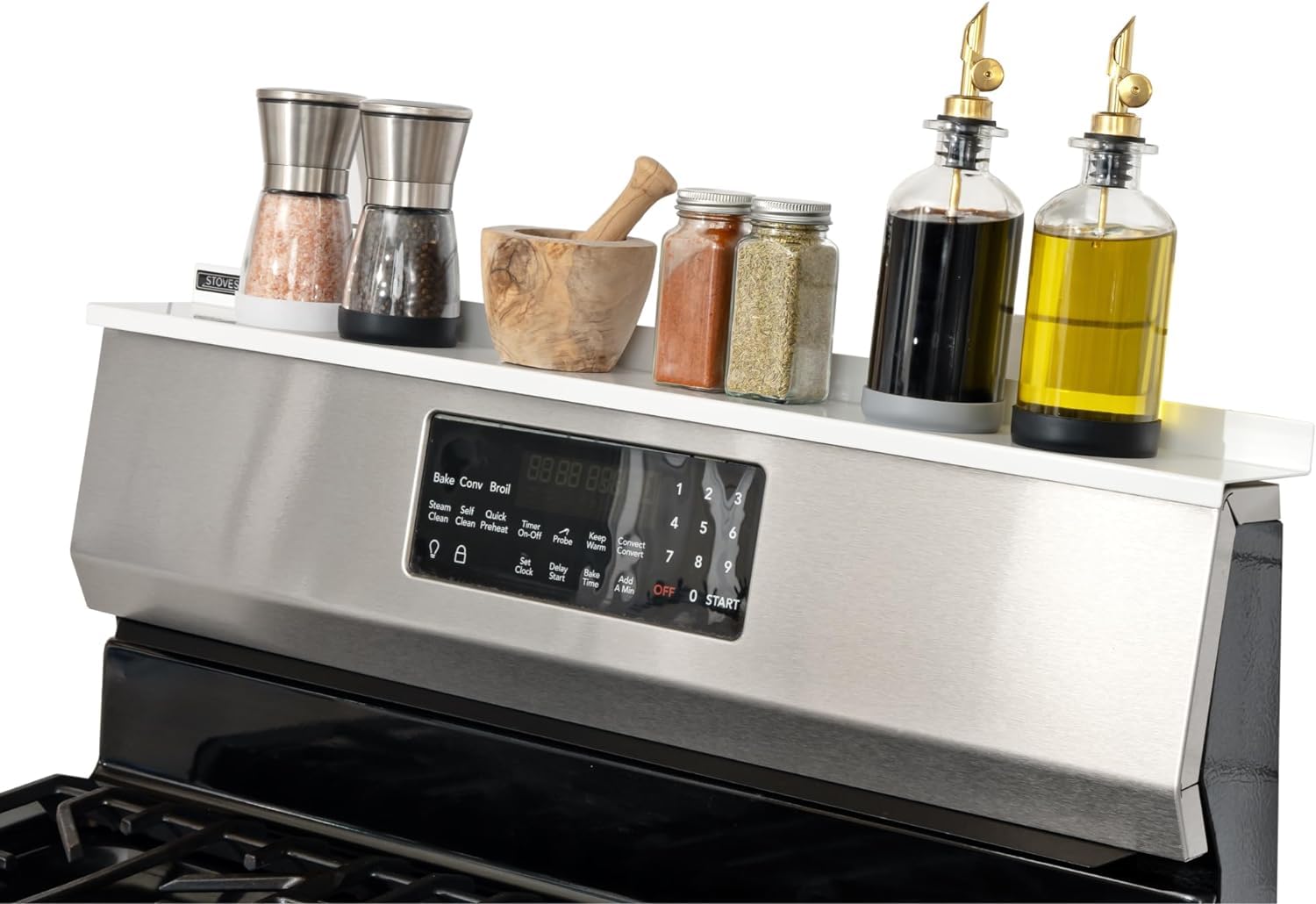 StoveShelf on the stove top offers instant spice storage.