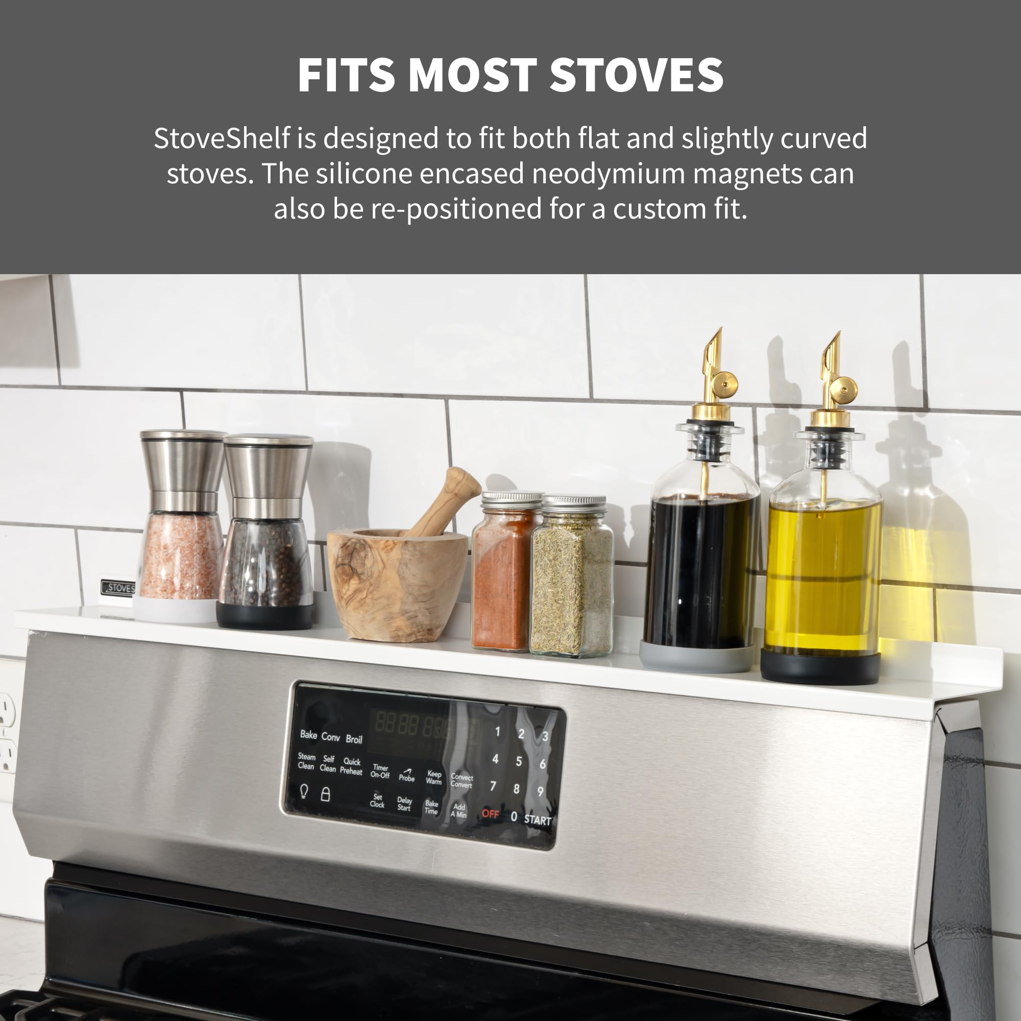 StoveShelf fits flat and curved stoves for versatility.