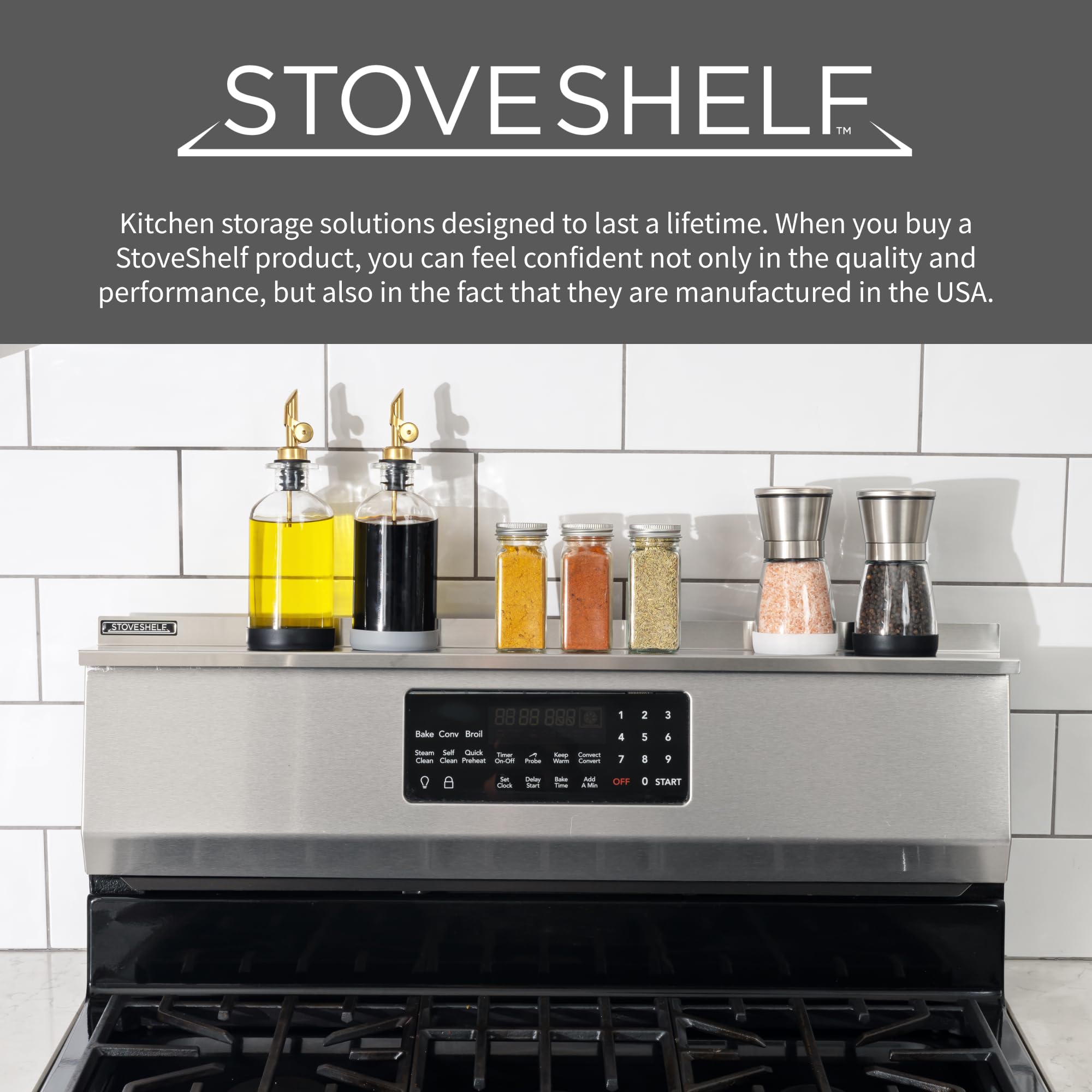 StoveShelf keeps oils and spices neatly organized.