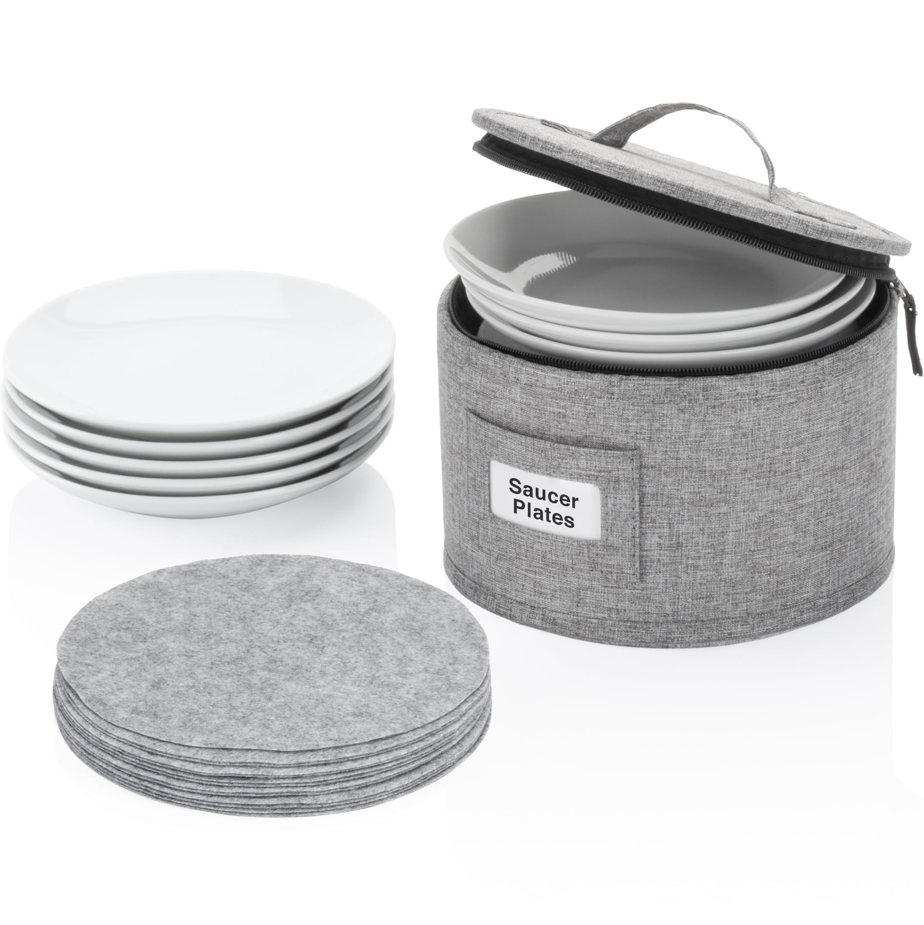 STOZU china storage container with 12 plates neatly organized for safe stacking.