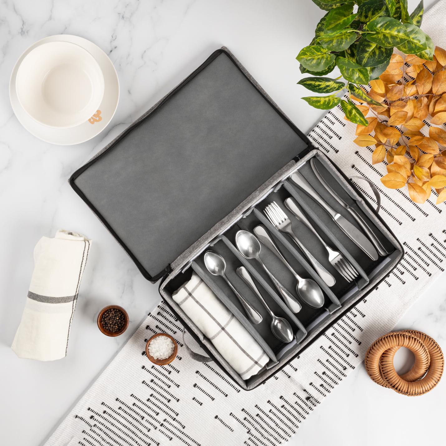 Stackable design saves cabinet space in small kitchens.