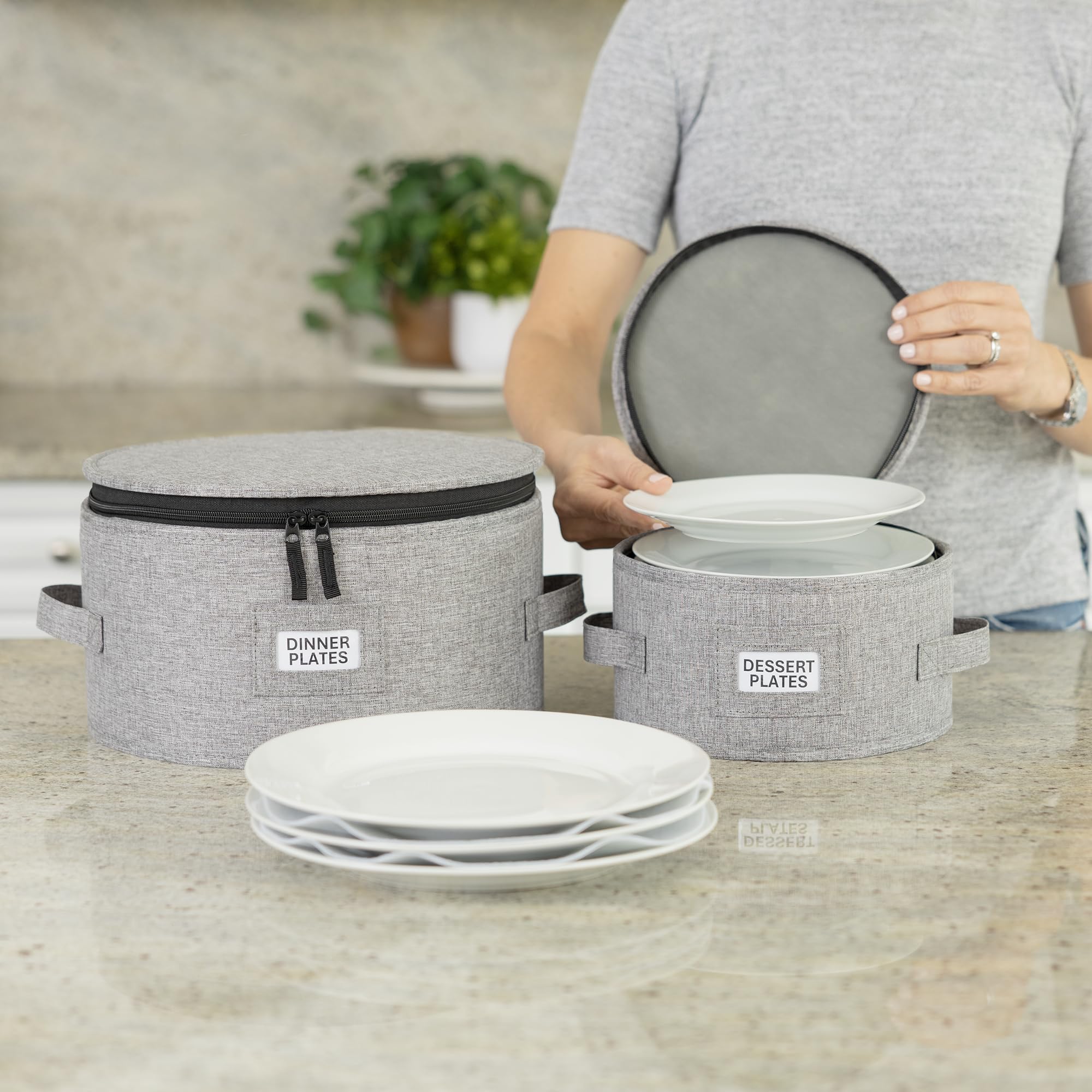 STOZU stackable dinnerware storage saves cabinet space and keeps plates organized.
