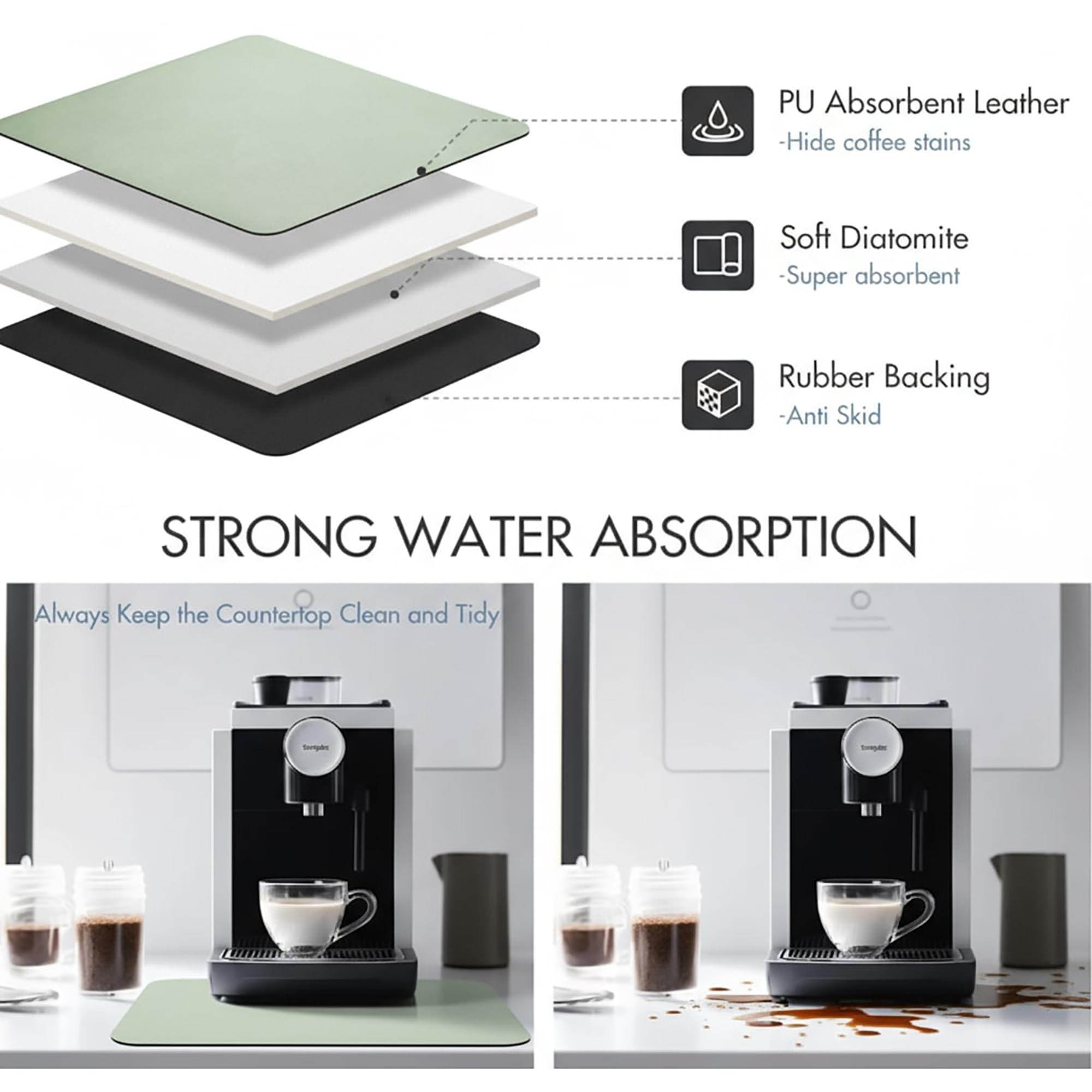 STRABELLA Sage color mat blends with kitchen decor while drying glassware.