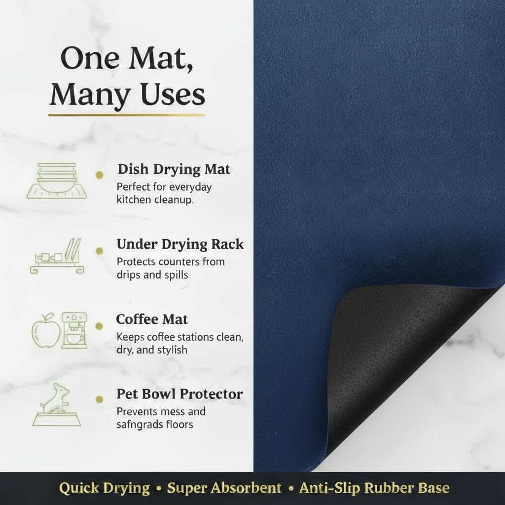 Strabella dish drying mat navy blue color adds a sleek kitchen touch.