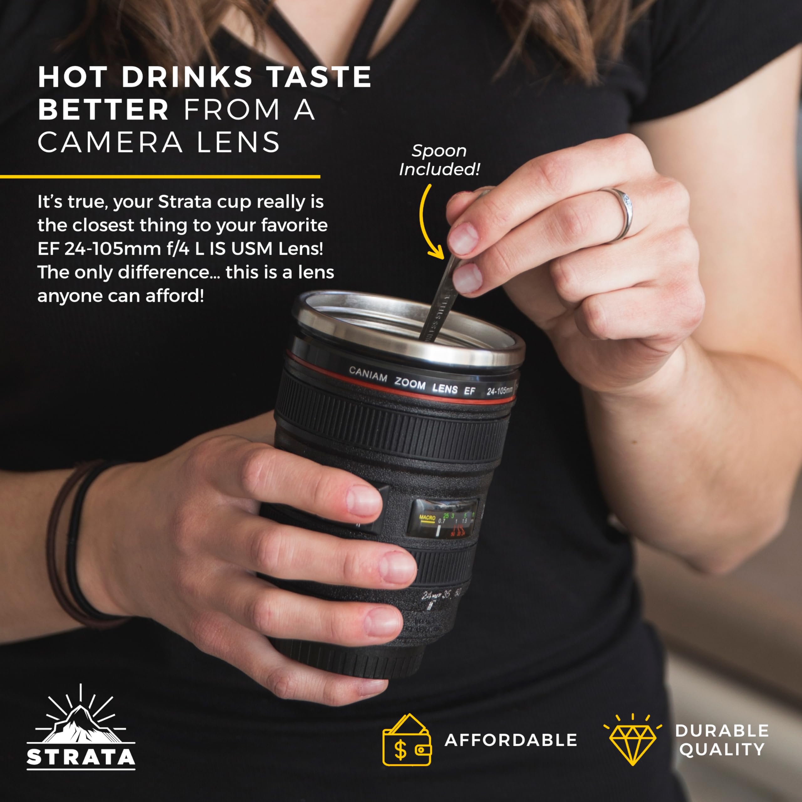 Carrying bag included with STRATA CUPS camera lens mug for on-the-go storage.