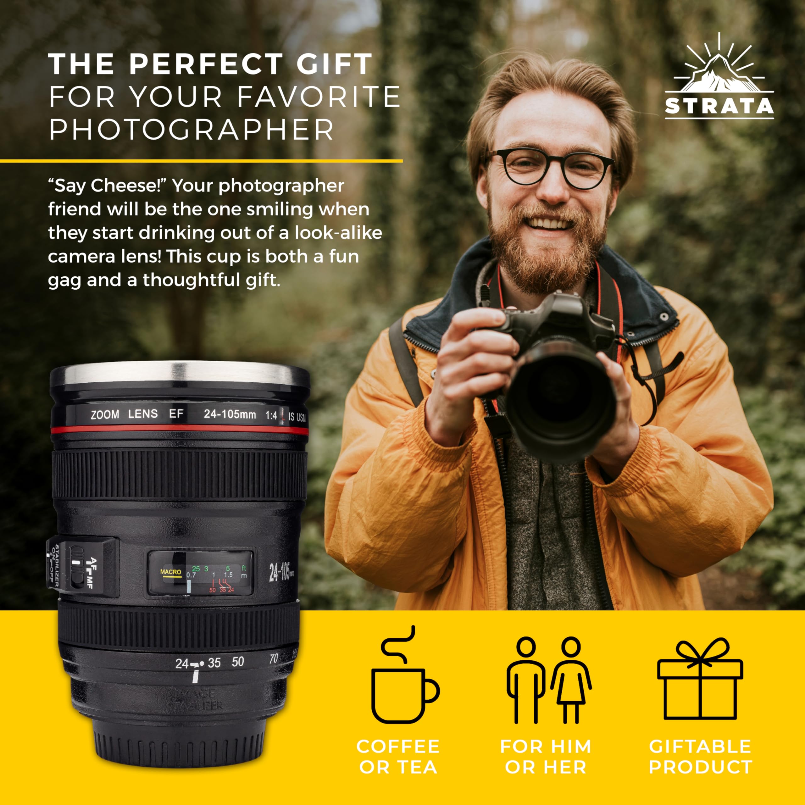 Closed lid attached on STRATA CUPS camera lens mug keeps beverages secure during travel.