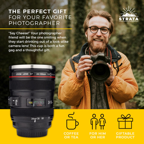 Closed lid attached on STRATA CUPS camera lens mug keeps beverages secure during travel.