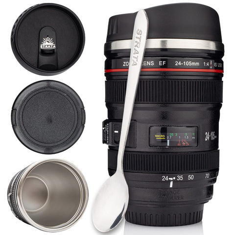 STRATA CUPS camera lens mug close-up showing authentic lens detailing and premium finish.