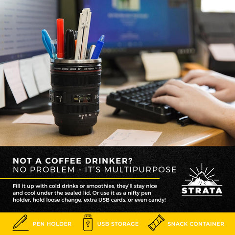 13.5 oz insulated interior of STRATA CUPS camera lens mug preserves heat.