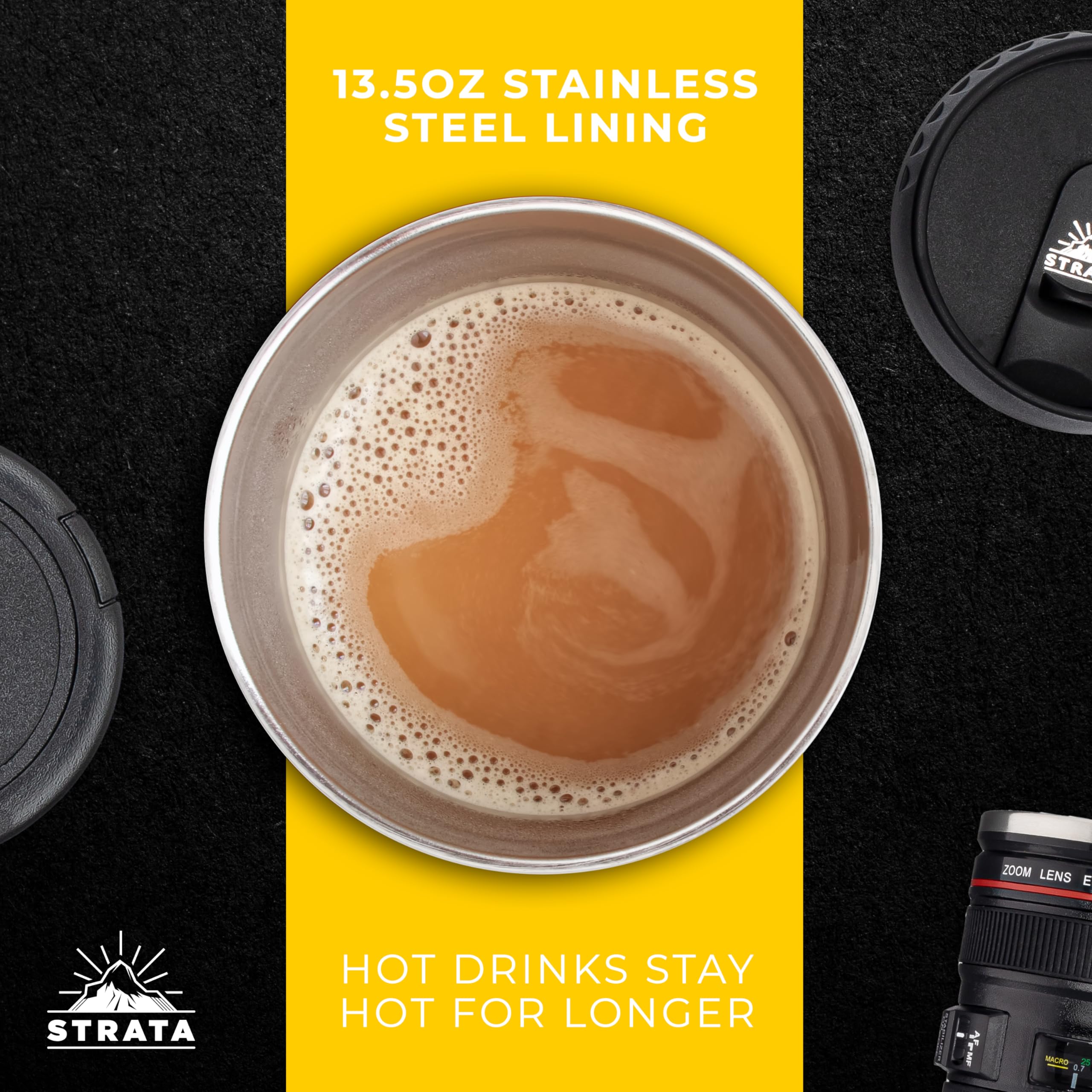 Retractable sip lid in action on STRATA CUPS camera lens mug for easy one-handed sipping.