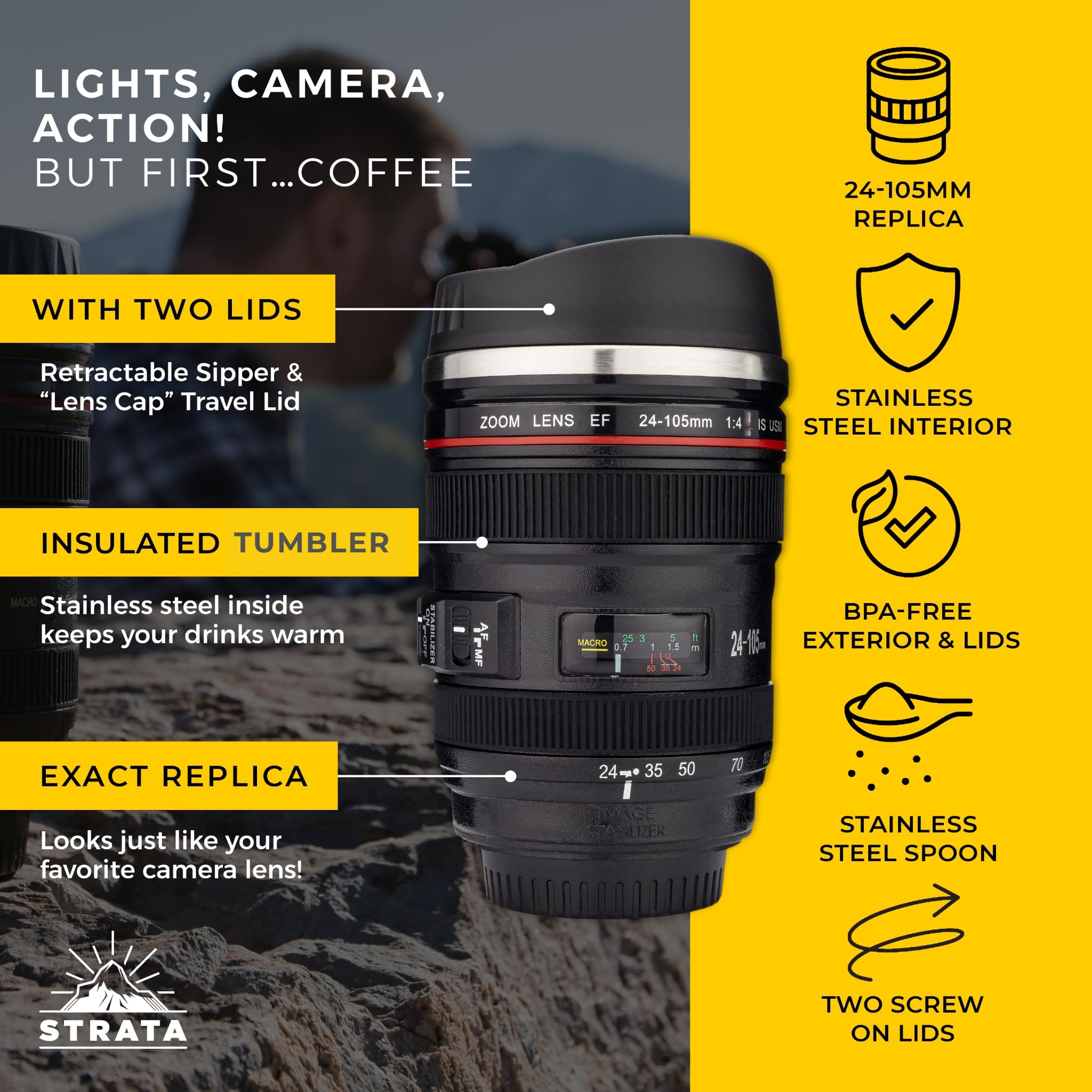 Stainless steel spoon included with STRATA CUPS camera lens mug for convenient stirring.