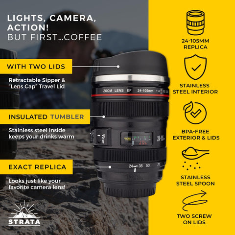 Stainless steel spoon included with STRATA CUPS camera lens mug for convenient stirring.
