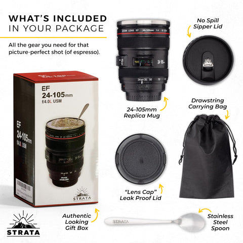 STRATA CUPS camera lens mug with two lids demonstrates leak-resistant design for busy mornings.