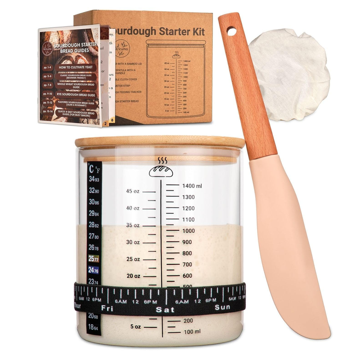 Strirumo Pro sourdough starter jar with 58oz capacity for multiple loaves.