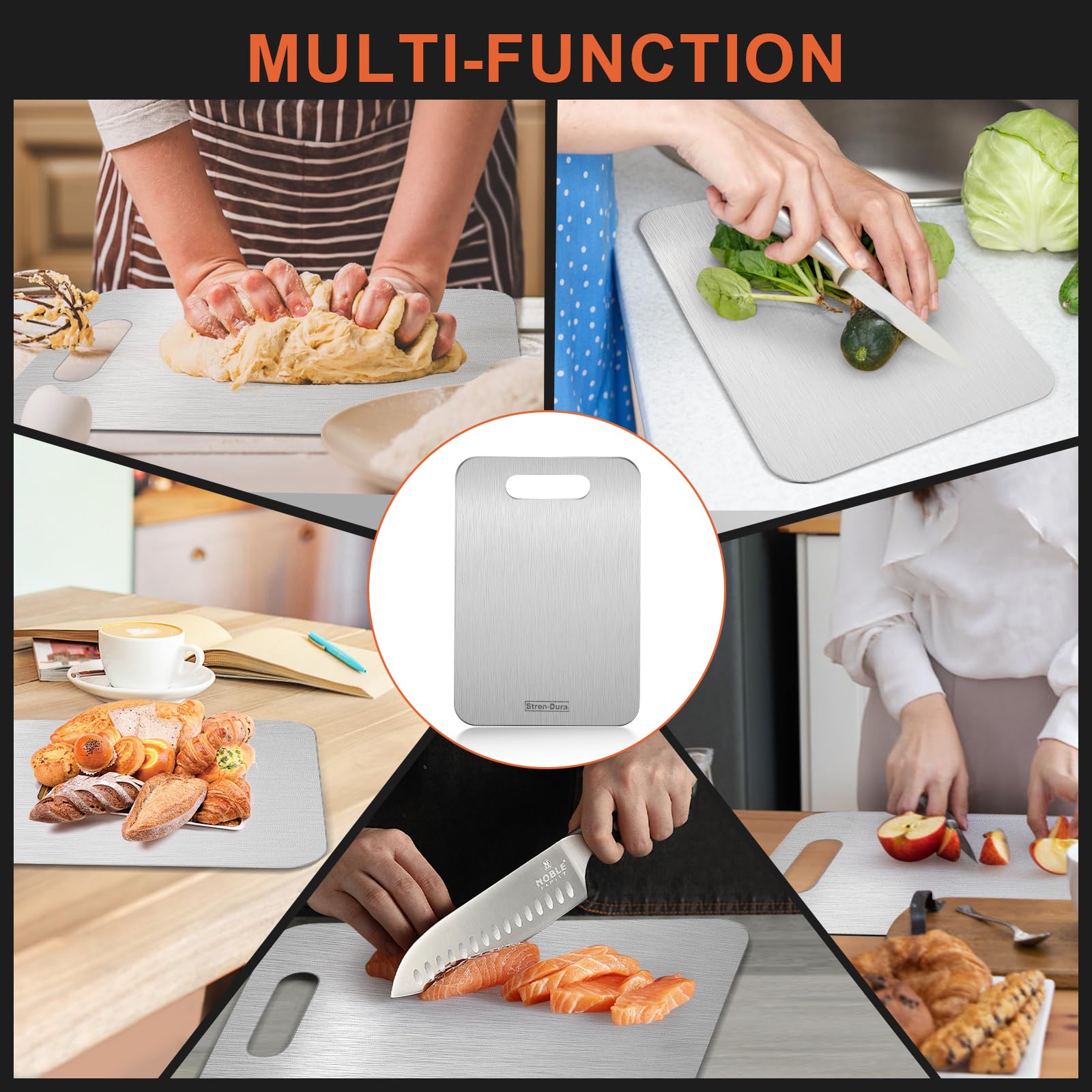 Stron-Dura cutting board dishwasher-safe surface simplifies cleanup after meals