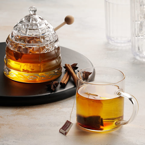 Studio Silversmiths lead-free crystal honey jar brightens breakfast.