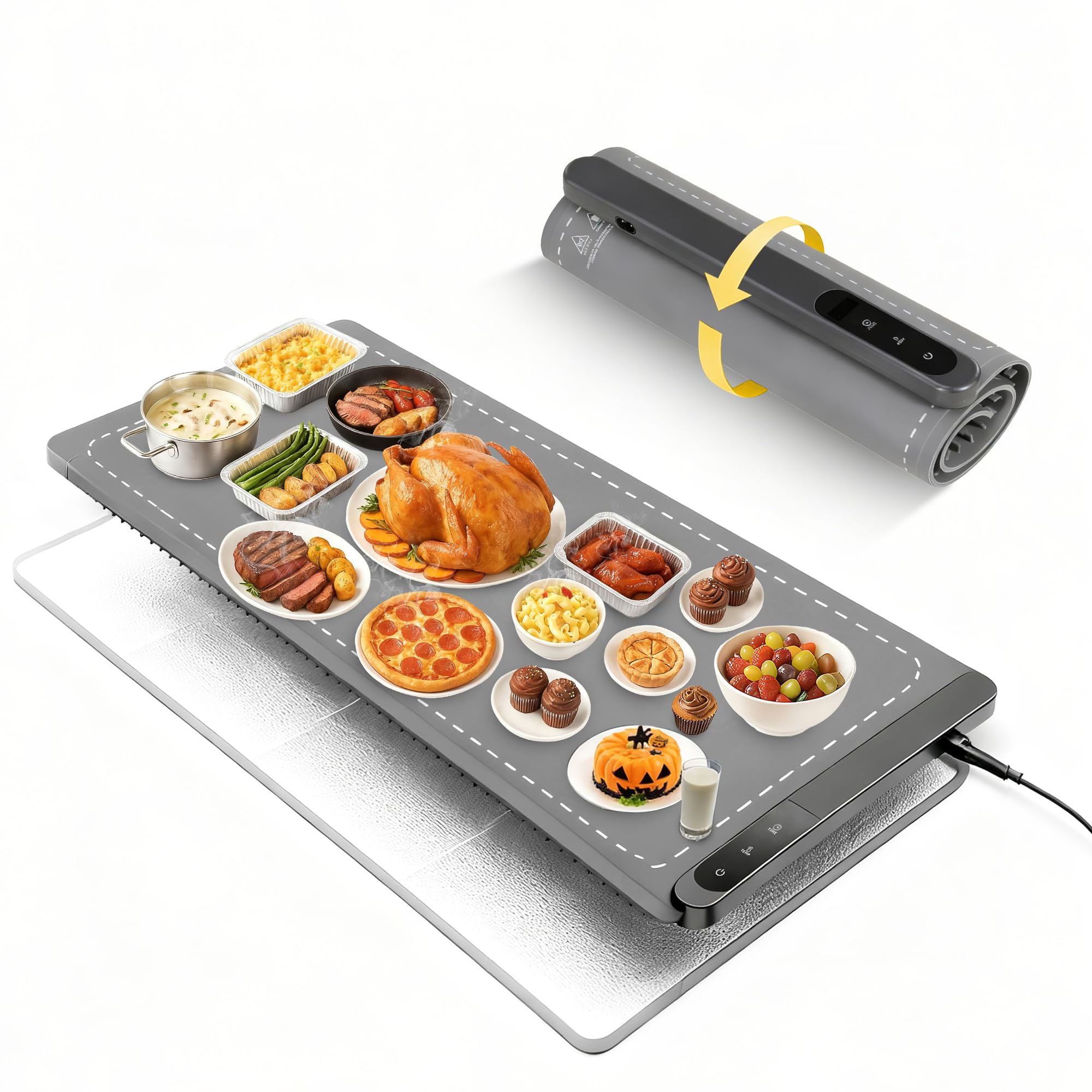 Sturdon food warming mat with extra-large surface for multiple dishes.