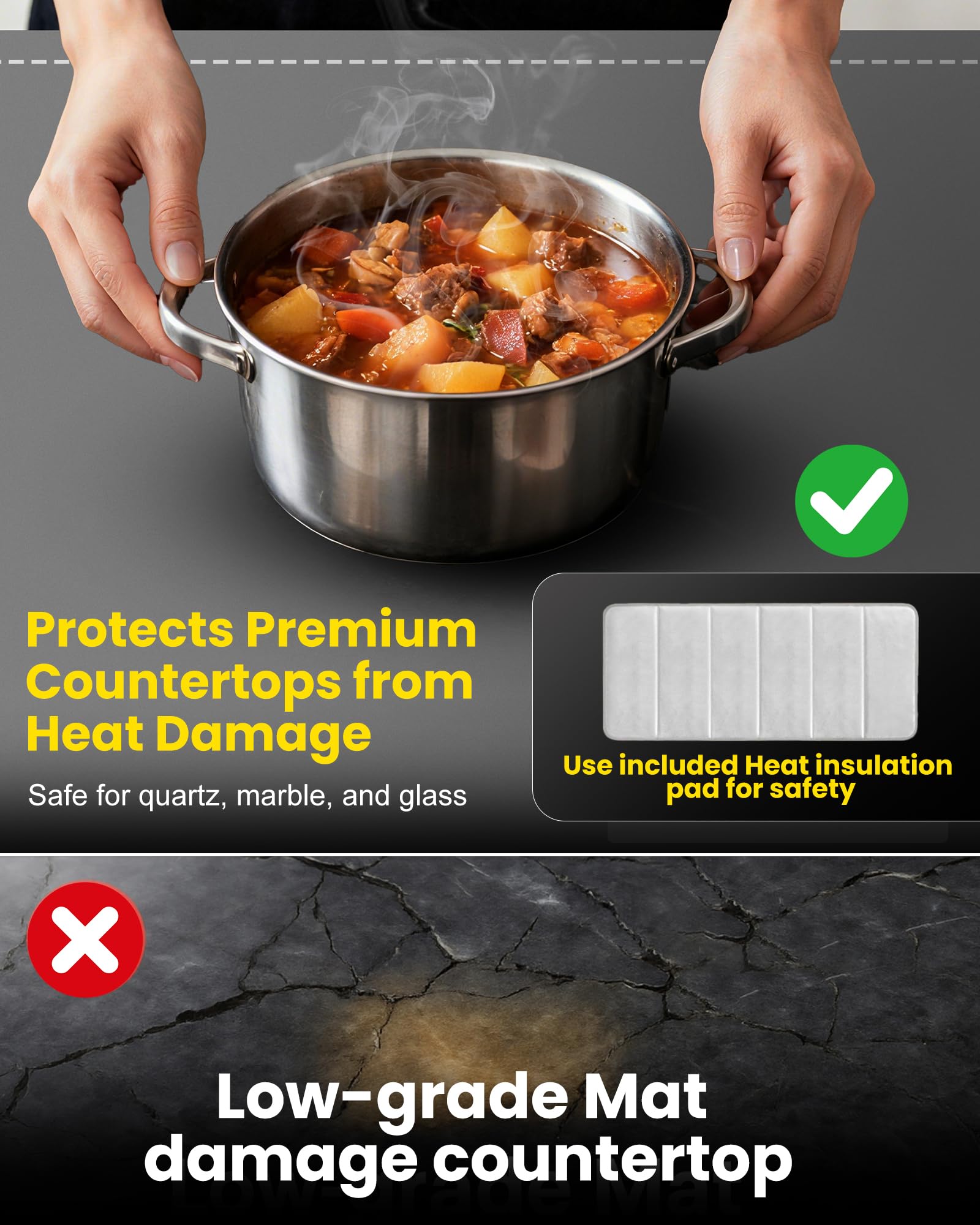 Sturdon insulation pad protects delicate tabletops during warming.